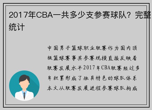 2017年CBA一共多少支参赛球队？完整统计